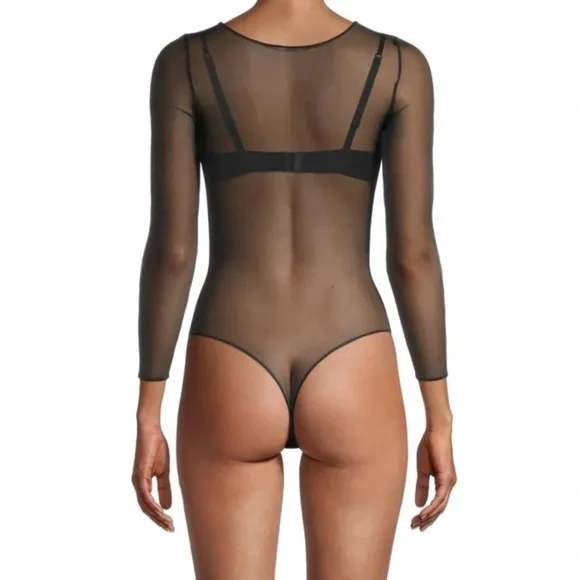 Spanx Sheer Mesh thong long sleeve Bodysuit medium in very black - Picture 2 of 9